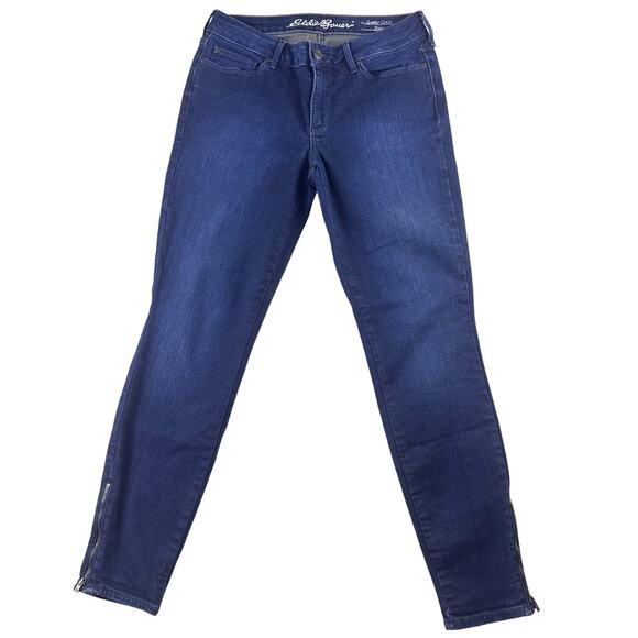 Women's Eddie Bauer Slightly Curvy Skinny Zip Ankle Dark Wash Denim Jeans Sz 2 - Picture 1 of 15